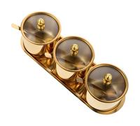 Ciieeo Juego de Tarros para Condimentos de Acero Inoxidable con Tapa, Cuchara y Bandeja Reutilizable, 3 Compartimentos Redondos, Diseño Elegante para Cocina en Casa