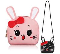Ciieeo Monedero de Conejito Kawaii para Niñas y Niños, Bolso Bandolera de Cuero PU, Monedero Orejas 3D, Set 2 Unidades Rosa y Negro, Bolso Infantil para Cambio y Tarjetas