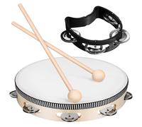 Ciieeo Pandereta de 10 Pulgadas con 4 Sonajas Negras y 2 Mazos de Madera Natural, Instrumento de Percusión Manual para Adultos, Batería Musical para Acompañamiento y Actuaciones