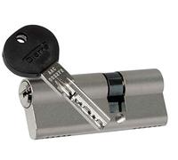 Cilindro descentrado con 5 llaves Padronales universales de seguridad para puertas blindadas. Marca AtraDierre. Medidas A=30 mm B = 40 mm. A+B = 70 mm. Sistema de cifrado de 6 pines de acero