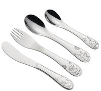 cilio Cubertería infantil Little Friends, 4 piezas, acero inoxidable, forma ergonómica, cuchillo infantil de 21 cm, tenedor de 21 cm, cuchara infantil de 20 cm, cuchara pequeña de 17 cm, motivos de