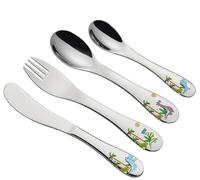 cilio DINO - Cubertería infantil (4 piezas, acero inoxidable, forma ergonómica, cuchillo infantil de 21 cm, tenedor de 21 cm, cuchara infantil de 20 cm, cuchara pequeña de 17 cm, grabado en