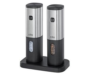 cilio Tivoli - Molinillo de pimienta eléctrico y molinillo de sal | Juego de molinillos de acero inoxidable y plástico | Mecanismo ajustable de cerámica | Luz LED | Estación de carga y almacenamiento