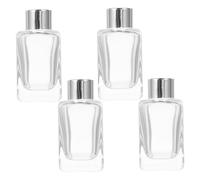 CIMAXIC Diseño Clásico Cuadrado de Vidrio Fácil de Limpiar Juego de 4 Botellas con Tapa Plata Capacidad 50ml y Buen para Difusor de Aromas Recargables para Aceites Esenciales y Perfumes