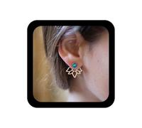 Cimenexe Bohemian Lotus Flower Ear Jacket Pendientes with Turquesa Bead Stud - Hollow Gold Front Back Azul Joyas para Mujeres