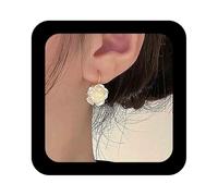 Cimenexe Pendientes colgantes bohemios de camelia esmaltada blanca, aretes de flor de camelia de acrílico blanco, aretes pequeños de rosa 3D, joyería para mujer