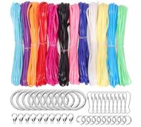 Cimeton Juego de 52 cuerdas de cordón de 12 colores, cuerda de plástico láser con llaveros, clips a presión y clips de langosta, kit surtido para manualidades, pulseras, joyería, bricolaje (color