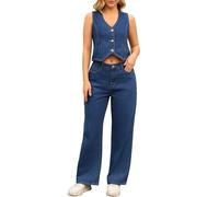 CIMUK Conjunto de dos piezas de mezclilla para mujer chaleco de mezclilla y jeans Azul oscuro M