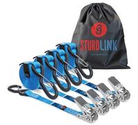 Cinchas de Carraca 5m 25mm con Ganchos S con Pestillo LC 400daN/800daN en U | Lote de 4 + Bolsa | Ideales para Anillas de Fijación, Remolque, Vehículo Utilitario, Camión | Sturdlink®