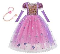 CinheyU Disfraz de Princesa Rapunzel para Niñas Vestidos de Sofia Cumpleaños Boda Fiesta Navidad Ceremonia Carnaval Halloween Cosplay Vestir con Peluca Trenzas 6-7 años