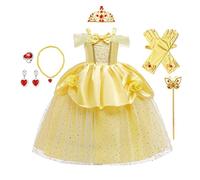 CinheyU Niñas Traje de Carnaval Disfraz de Belle Princesa Cumpleaños Boda Fiesta Navidad Ceremonia Halloween Cosplay Vestidos de Bella y Bestia con Accesorios 7-8 años