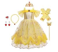 CinheyU Niñas Traje de Carnaval Disfraz de Belle Princesa Cumpleaños Boda Fiesta Navidad Ceremonia Halloween Cosplay Vestidos de Bella y Bestia con Accesorios 2-3 años
