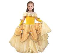 CinheyU Niñas Traje de Carnaval Disfraz de Belle Princesa Cumpleaños Boda Fiesta Navidad Ceremonia Halloween Cosplay Vestidos de Bella y Bestia con Mangas de Brazo 4-5 años