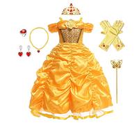 CinheyU Niñas Traje de Carnaval Disfraz de Belle Princesa Cumpleaños Boda Fiesta Navidad Ceremonia Halloween Cosplay Vestidos de Bella y Bestia con Accesorios 4-5 años