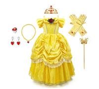 CinheyU Niñas Traje de Carnaval Disfraz de Belle Princesa Cumpleaños Boda Fiesta Navidad Ceremonia Halloween Cosplay Vestidos de Bella y Bestia con Accesorios 4-5 años