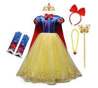 CinheyU Niñas Traje de Carnaval Disfraz de Blancanieves Princesa Cumpleaños Boda Fiesta Navidad Ceremonia Halloween Cosplay Vestidos de Snow White con Capa Accesorios 6-7 años