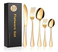 Cinnani Cubiertos Dorados de 30 piezas, Juego de Cubiertos para 6 personas, Cubertería Acero Inoxidable, Cuberterias Completas, Set de Cubiertos con Cuchillo, Tenedor, Cuchara, Apto para Lavavajillas