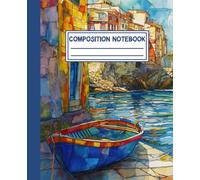 Cinque Terre Composition Notebook: College-Ruled Journal | Cute Aesthetic Stained Glass Boat & Village Design for School, Work, or Travel