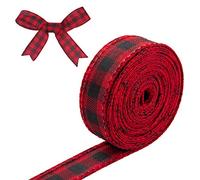 Cinta de arpillera, cinta de Navidad, cinta de búfalo a cuadros para manualidades de Navidad, envoltura de regalos, lazos florales (1 pulgada x 8.75 yardas, cuadros rojos y )