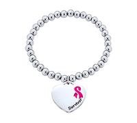 Cinta De Color Rosa En Blanco De Supervivientes De Cáncer De Identificación Médico De Alerta Pulsera De Cuentas De Estiramiento En Forma De Corazón Del Encanto De La Etiqueta En Tono Plateado