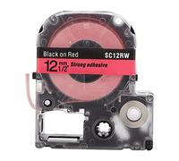 Cinta de etiquetado resistente al desgaste por corrosión de 12 mm para impresora KING JIM, material plástico, 7,3 x 6,3 x 2 cm, 8 m de largo. (Fondo rojo de 12 mm con letras negras.)