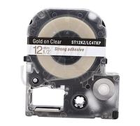 Cinta de etiquetado resistente al desgaste por corrosión de 12 mm para impresora KING JIM, material plástico, 7,3 x 6,3 x 2 cm, 8 m de largo. (Letras doradas de 12 mm con fondo transparente)