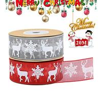 Cinta de Organza Navidad, 2 Rollos Cintas de Raso Navideña Gris Rojo Cintas de Navidad 25 mm con Copo de Nieve Alce, 20 M/22 yardas Cinta Organza para Envolver Regalos/Lazo/Tarjetas/árbol de Navidad