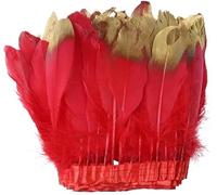Cinta de raso con flecos y adornos de plumas mulli Adornos de plumas de ganso, cintas con flecos, manualidades, decoración de ropa, multicolor, 15-20 cm, 6-8 pulgadas(Gold Red)