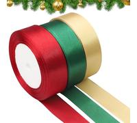 Cinta de Satén para Manualidades Navideñas - 3 Rollos 2.5cm x 22m Cintas de Raso Navideña, Cinta Navidad Decorativa para Envolver Regalos, Decoraciones de Navidad (Rojo, Verde, Dorado)