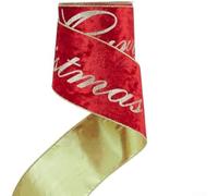 Cinta de terciopelo navideña con borde con alambre y purpurina, diseño de Feliz para Navidad, para manualidades de lazos grandes y decoraciones de árboles, 10 yardas (rojo)