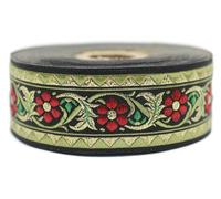 Cinta Jacquard tejida con diseño de flores bávaras Rollos galón cinta bordada de tela bordada, 10 metros 35 mm, color rojo y dorado metálico