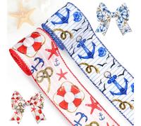 Cinta náutica con alambre de 2.5 pulgadas, rayas azul marino y blanco, cinta de ancla para lazo, corona, manualidades, envoltura de regalo, verano, vacaciones, boda, baby shower, decoración de fiesta