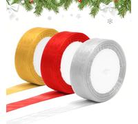 Cinta Navidad, Cinta de Organza 25mm x 66M, 3 Rollos Cintas Roja Oro Plata, Accesorios para Envolver Bodas Cumpleaños Fiestas