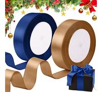 Cinta para Envolver Regalos, Satén Cinta de Doble cara Navideña para Manualidades Bricolaje, Dorado y Azul Cintas 25mm Ancho para la Decoración de la Boda Arco Guirnalda Torta Árbol de Navidad, 45M