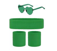 Cinta Pelo Deporte Muñequera para Gym y Gafas de Corazon Años 80 para Disfraz Años 80 Mujer Adulto Niña, Accesorios Años 80 Color Neon, Bandas Cintas de Sudor Deportiva (80S Verde Oscuro)