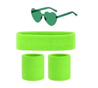 Cinta Pelo Deporte Muñequera y Gafas de Corazon Años 80 para Disfraz Años 80 Mujer Adulto Niña, Accesorios Años 80, Bandas Cintas de Sudor Deportiva (Accesorio AÑOS 80 Verde)