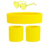 Cinta Pelo Deporte Muñequera y Gafas de Corazon Años 80 para Disfraz Años 80 Mujer Adulto Niña, Accesorios Años 80, Bandas Cintas de Sudor Deportiva (Accesorio AÑOS 80 Amarillo)