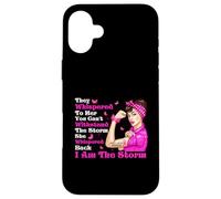 Cinta rosa con texto en inglés "I'm The Storm Strong Women Breast Cancer Warrior" Carcasa para iPhone 16 Plus