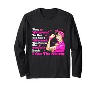 Cinta rosa con texto en inglés "I'm The Storm Strong Women Breast Cancer Warrior" Manga Larga