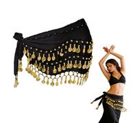 Cinturón Danza del Vientre Mujer Pañuelo Danza del Vientre Falda Bufanda Baile Oriental mit 90+ Monedas Traje Belly Dance Accesorios para Espectáculo, Prácticas, Fiestas, 140 cm Largo, Negro, 1 Pieza