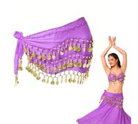 Cinturón Danza del Vientre Mujer Pañuelo Danza del Vientre Falda Bufanda Baile Oriental mit 90+ Monedas Traje Belly Dance Accesorios para Espectáculo, Fiestas, 140 cm Largo, Morado Claro, 1 Pieza