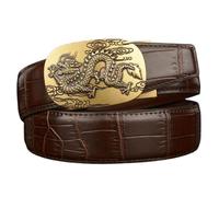 Cinturón De Cuero Con Costuras Unisex, Correa Cabra Patrón En Relieve Cocodrilo, Hebilla Trinquete Automática Dorada Diseño Animal Grabado, Vestir Ajustable 130 Cm 51 Pulgada(Dragon-a,120cm/47)