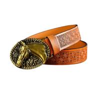 Cinturón de cuero en relieve para mujeres y hombres, con cabeza de caballo grabada estilo occidental vintage, hebilla ovalada, correa de vaquero (115 cm, D)