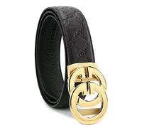 Cinturón de cuero suave de diseño de lujo para hombre con cinturón de vestido de trinquete de hebilla automática, longitud ajustable, En relieve, oro negro, Adjustable from 20" to 44" vita