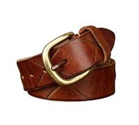 Cinturón de piel de vaca auténtica con relieve for hombre y mujer, hecho a mano, con grabados de arañazos, for uso laboral, informal y formal, 3,8 de ancho.(Brown,130cm/51")