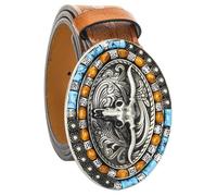 Cinturón de piel de vaquero occidental con hebilla de toro largo - Cinturón estampado floral estampado para mujer, marrón, 43''Length Suit for Waist 34''-39''