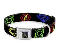Cinturón de Seguridad para Perro con Hebilla de la Liga de la Justicia, Logotipos eléctricos, Negro, Multicolor, de 9 a 15 Pulgadas, 1.0 Pulgadas de Ancho
