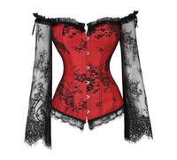 Cinturón de vientre elegante corsé bustier-body para mujer con mangas largas, encaje de malla, fajas para adelgazar levantamientos abdominales, rojo, S