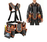 Cinturón Herramientas para Hombre con Tirantes Ajustables, Porta Herramientas Cintura con 20 Bolsillos, Bolsa de Herramienta Cinturón de Trabajo con Correas para Electricistas Carpinteros Fontaneros
