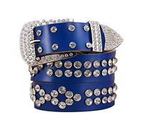 Cinturones de cuero con diamantes de imitación para mujer, cinturón con hebilla para mujer, accesorios de ropa para mujer, ancho de 3,3cm, Azul, 105cm
